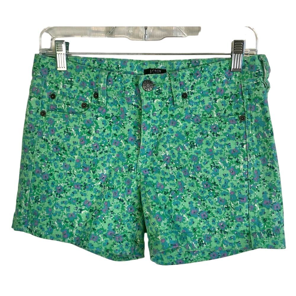 J. Crew Size 0 Green Floral Print Stretch Shorts Cotton Spandex Blend 90s Y2k
